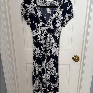 Navy and White Patterned Midi Dress